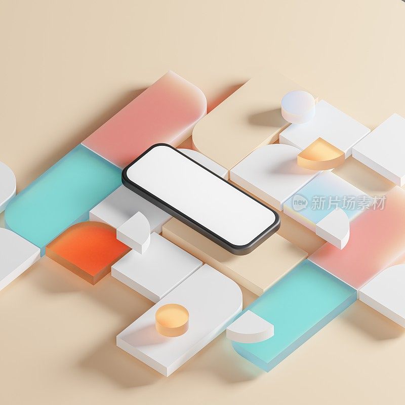 Black Phone Mockup on Colorful Minimalistic showcase, with abstract and primitive geometric shapes. Top perspective view. 3d rendering